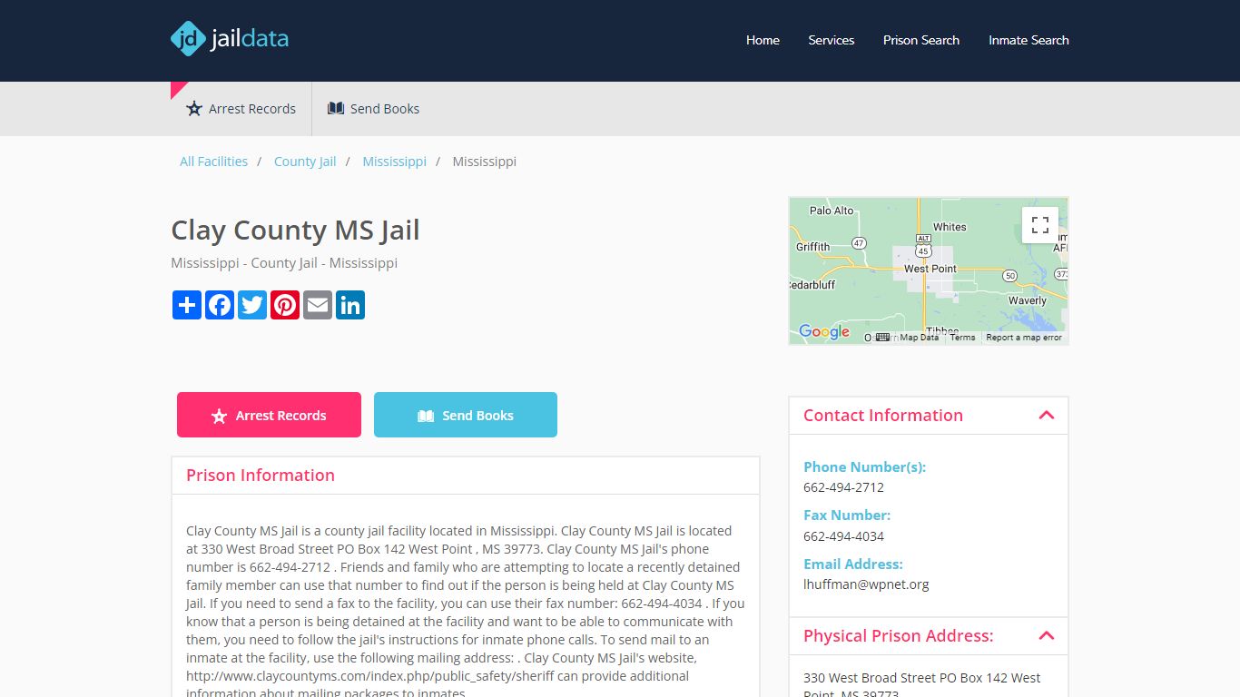 Clay County MS Jail Inmate Search and Prisoner Info - West Point, MS
